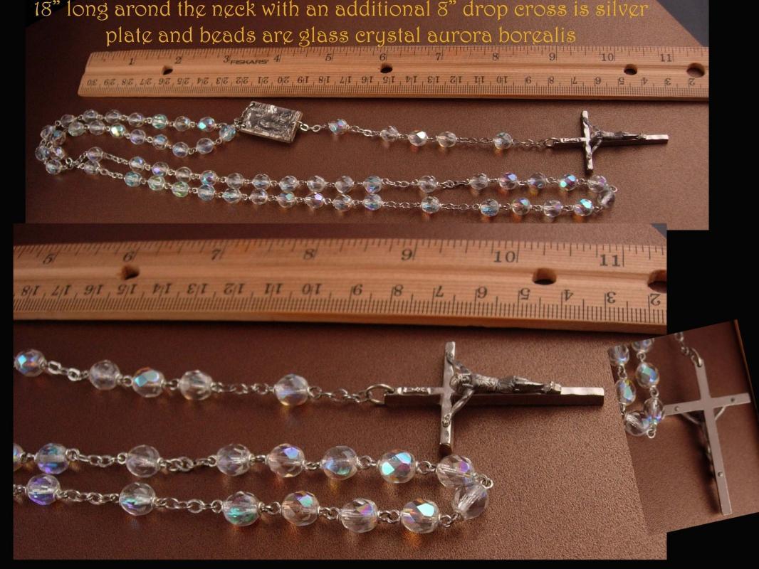 Vintage Rosary - Aurora Borealis Crystal beads - holy water - Sacred Heart religious gift - silver Crucifix