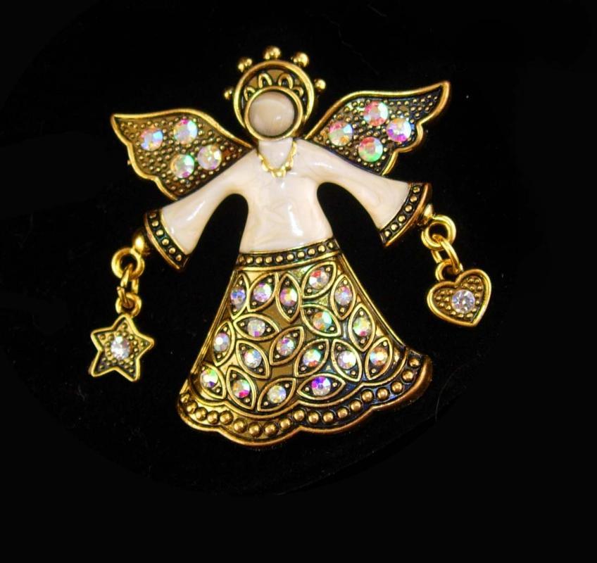 Aurora Borealis Angel pin - Large Signed enamel Angel Brooch - rhinestone star and hearts - stocking stuffer - gift of faith