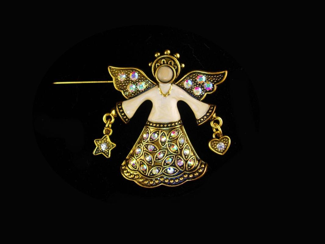 Aurora Borealis Angel pin - Large Signed enamel Angel Brooch - rhinestone star and hearts - stocking stuffer - gift of faith