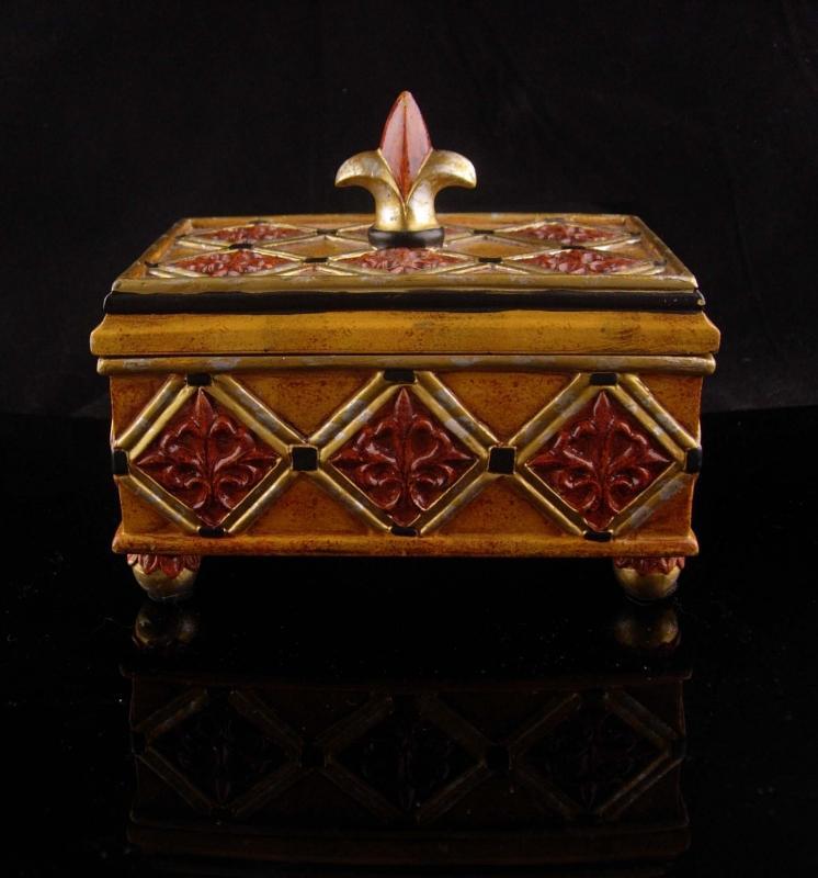 Medieval Box - Fleur de lis top - Vintage renaissance trinket box - footed Jewelry wood case - ornate heavy box