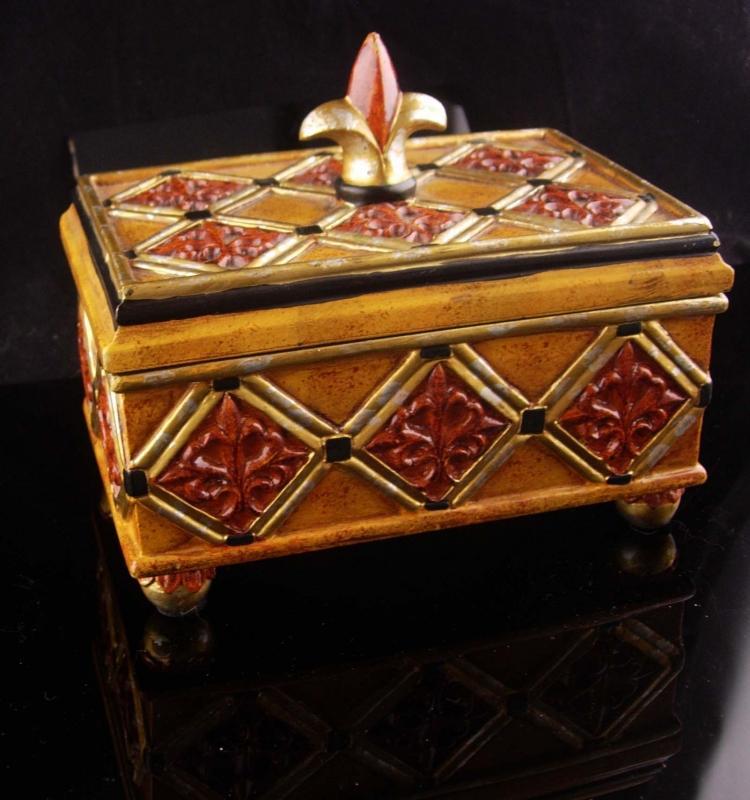 Medieval Box - Fleur de lis top - Vintage renaissance trinket box - footed Jewelry wood case - ornate heavy box