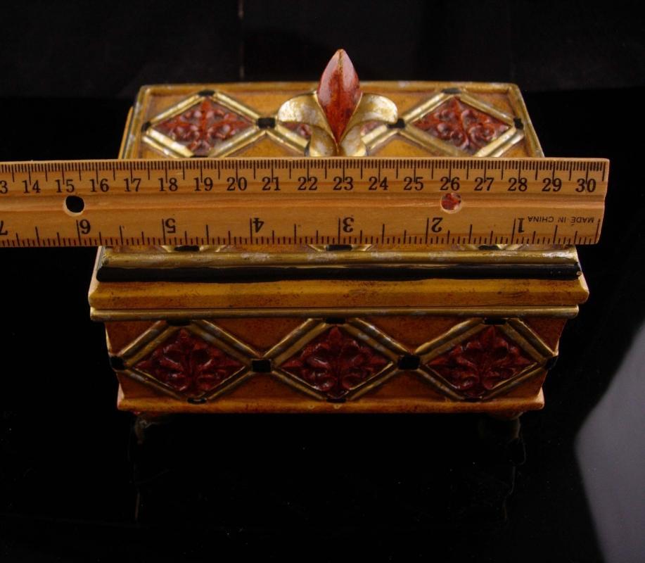 Medieval Box - Fleur de lis top - Vintage renaissance trinket box - footed Jewelry wood case - ornate heavy box