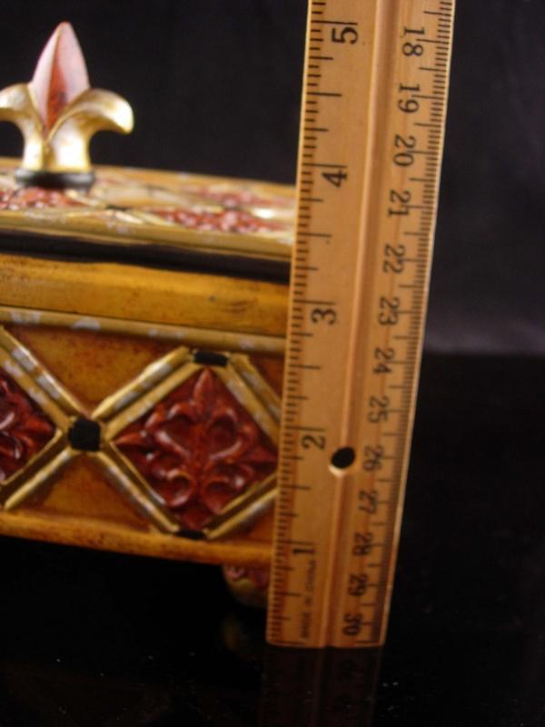 Medieval Box - Fleur de lis top - Vintage renaissance trinket box - footed Jewelry wood case - ornate heavy box