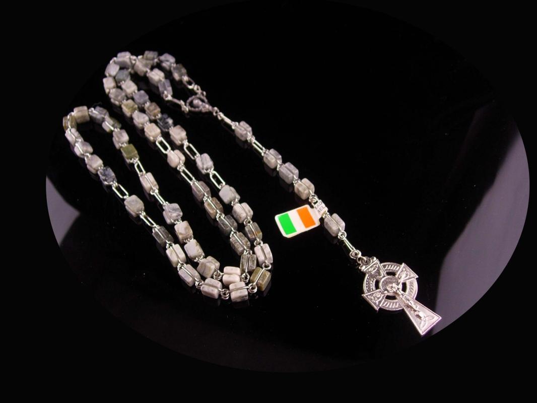 Irish Rosary - Connemara Marble - Irish wedding - celtic cross - Silver Crucifix - Irish Blessing -Ireland Gift