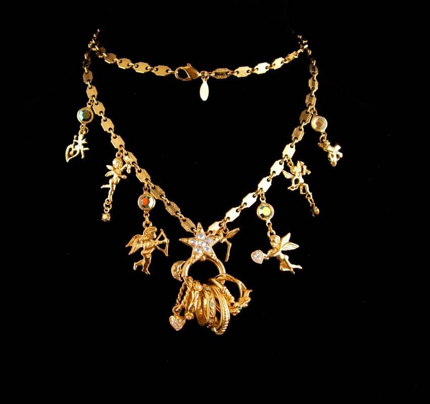 Mystical Fairy Necklace - Moon Charm holder - Kirks Folly - 7 extra Ring Charms - Goddess dragonfly Angels