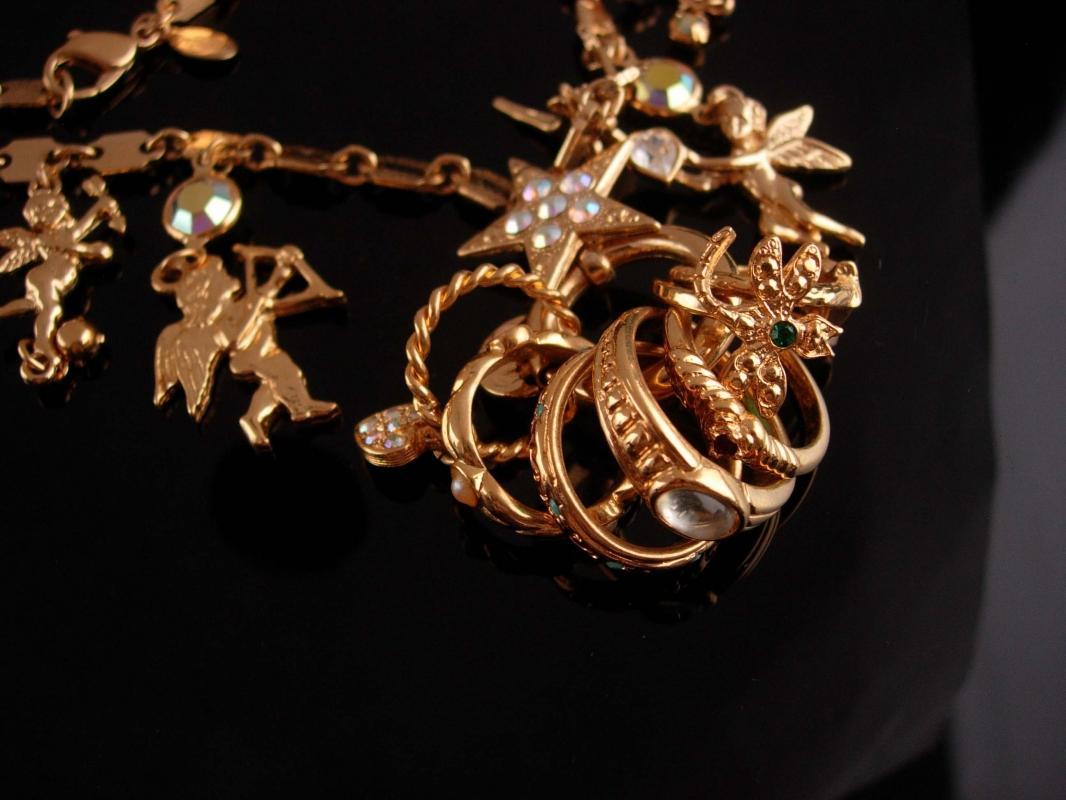 Mystical Fairy Necklace - Moon Charm holder - Kirks Folly - 7 extra Ring Charms - Goddess dragonfly Angels