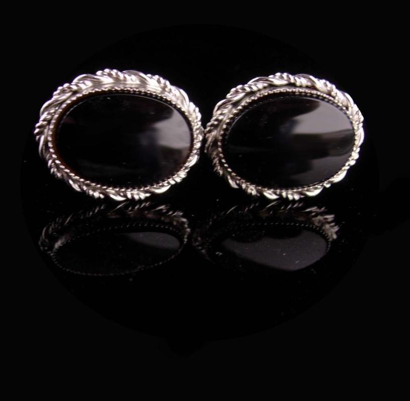 Vintage Sterling Cufflinks - Black tuxedo sets -Silver Cuff links - Wedding groom gift - anniversary - mens Birthday