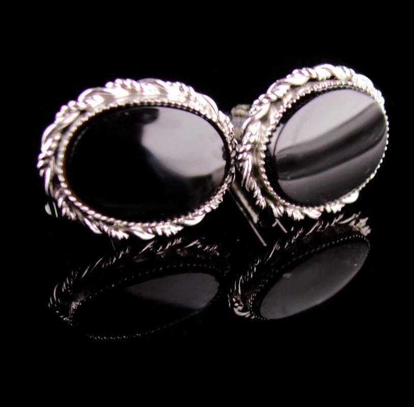 Vintage Sterling Cufflinks - Black tuxedo sets -Silver Cuff links - Wedding groom gift - anniversary - mens Birthday