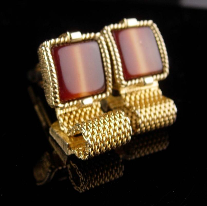 Vintage cuff links Tiger Eye set - swank brown tuxedo Cufflinks- Encased Gold Design Vintage Mesh Wrap