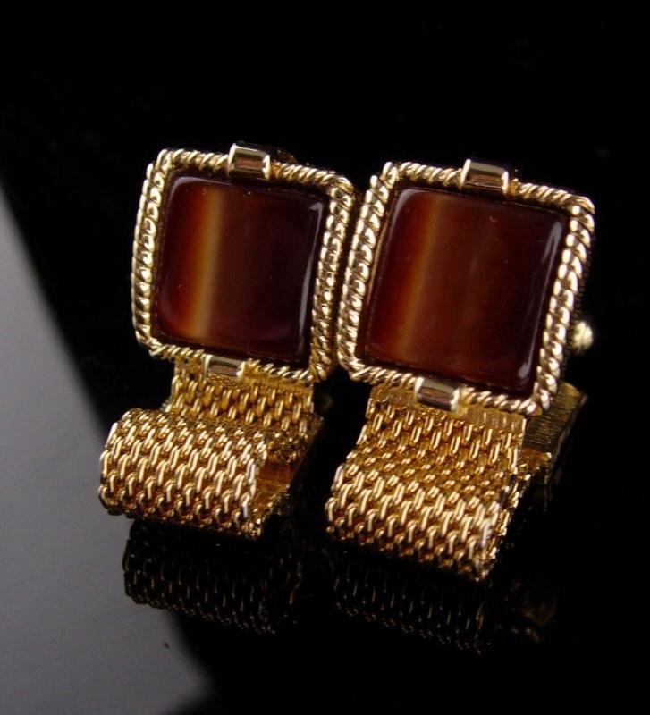 Vintage cuff links Tiger Eye set - swank brown tuxedo Cufflinks- Encased Gold Design Vintage Mesh Wrap