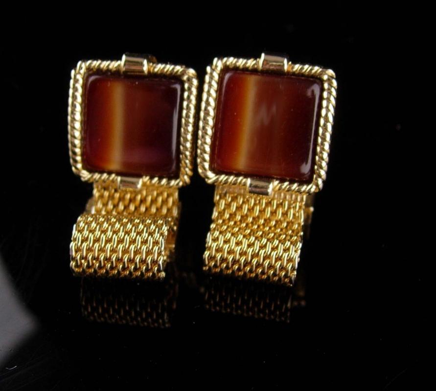Vintage cuff links Tiger Eye set - swank brown tuxedo Cufflinks- Encased Gold Design Vintage Mesh Wrap
