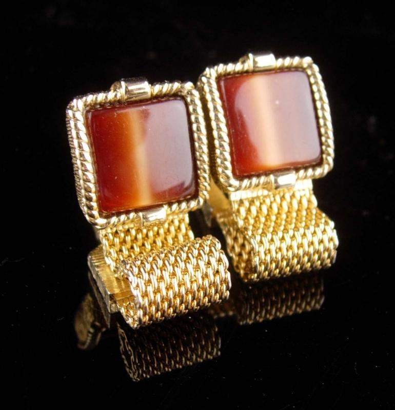 Vintage cuff links Tiger Eye set - swank brown tuxedo Cufflinks- Encased Gold Design Vintage Mesh Wrap