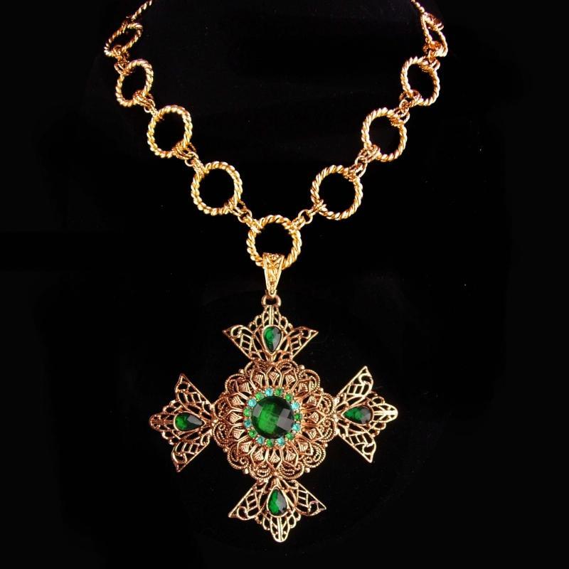 Huge Maltese Cross necklace - Green Celtic cross - medieval necklace - renaissance revival - estate costume jewelry
