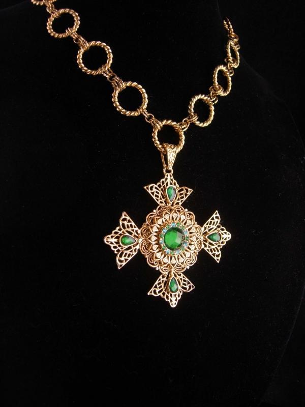 Huge Maltese Cross necklace - Green Celtic cross - medieval necklace - renaissance revival - estate costume jewelry