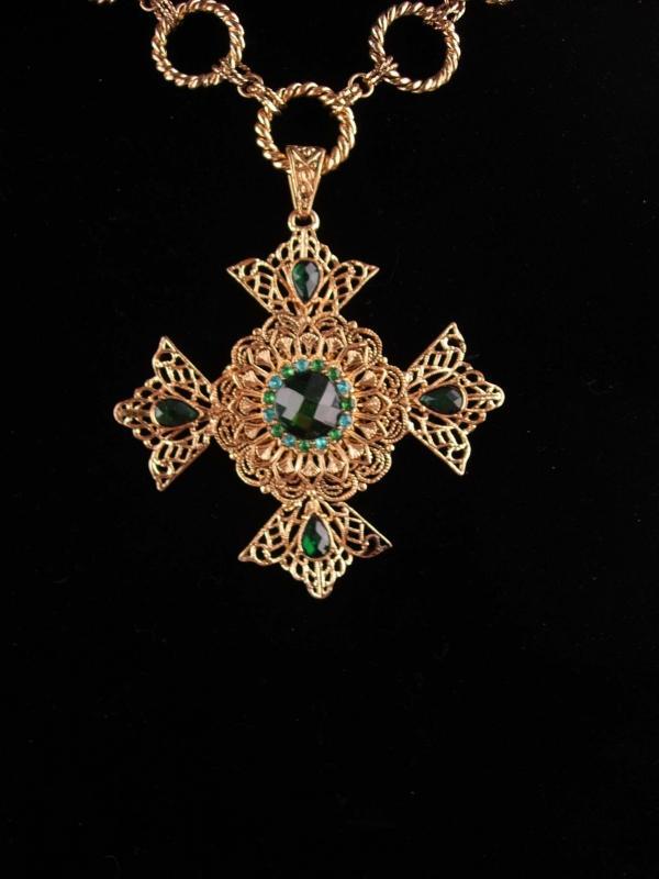 Huge Maltese Cross necklace - Green Celtic cross - medieval necklace - renaissance revival - estate costume jewelry