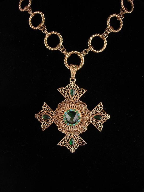 Huge Maltese Cross necklace - Green Celtic cross - medieval necklace - renaissance revival - estate costume jewelry