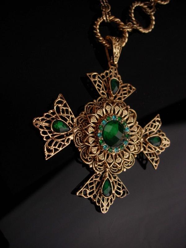 Huge Maltese Cross necklace - Green Celtic cross - medieval necklace - renaissance revival - estate costume jewelry