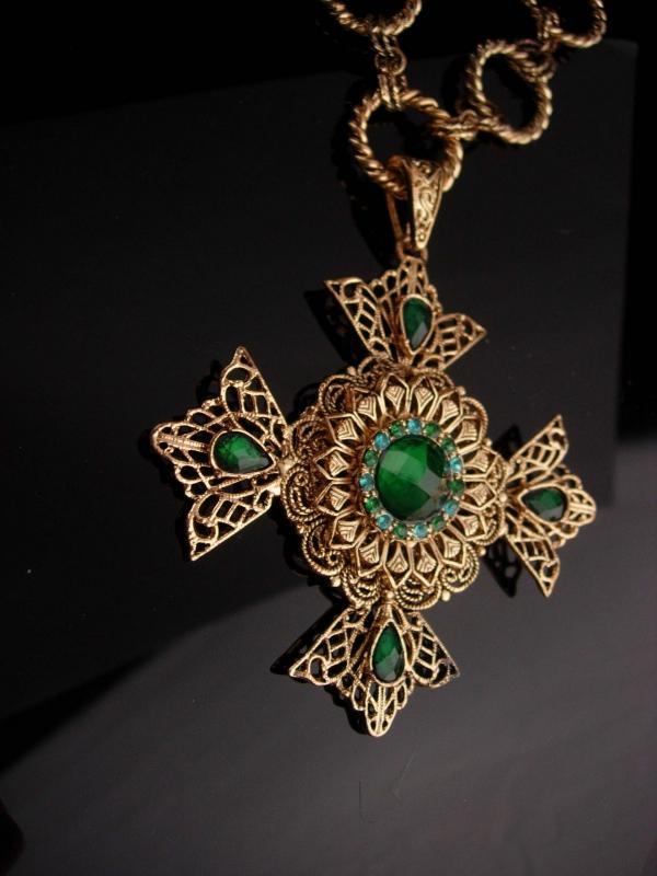 Huge Maltese Cross necklace - Green Celtic cross - medieval necklace - renaissance revival - estate costume jewelry