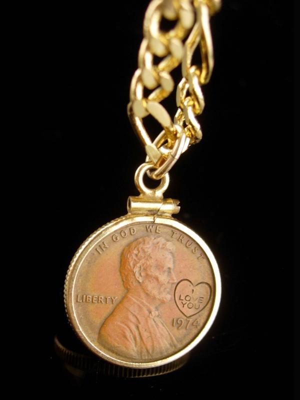 1974 Penny - 14kt gold penny holder pendant - coin jewelry - I love you heart 20