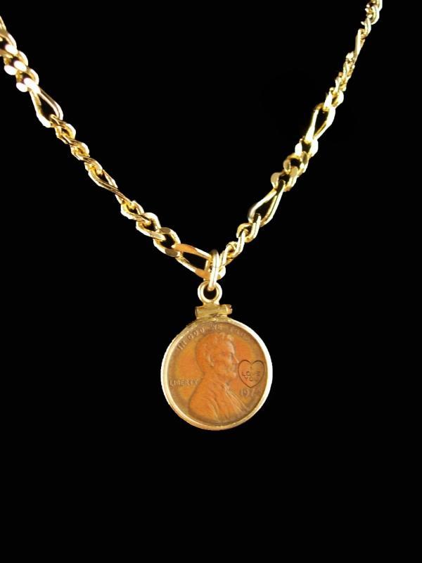 1974 Penny - 14kt gold penny holder pendant - coin jewelry - I love you heart 20