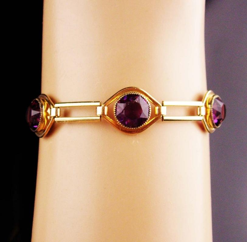 Art Deco Amethyst bracelet - Antique Simmons gold filled link - February Birthday - Purple birthstone - aquarius gift