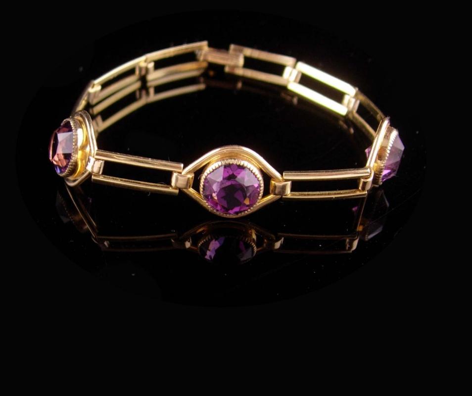Art Deco Amethyst bracelet - Antique Simmons gold filled link - February Birthday - Purple birthstone - aquarius gift