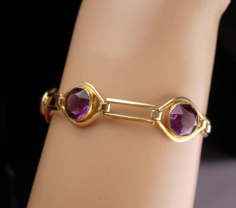 Art Deco Amethyst bracelet - Antique Simmons gold filled link - February Birthday - Purple birthstone - aquarius gift