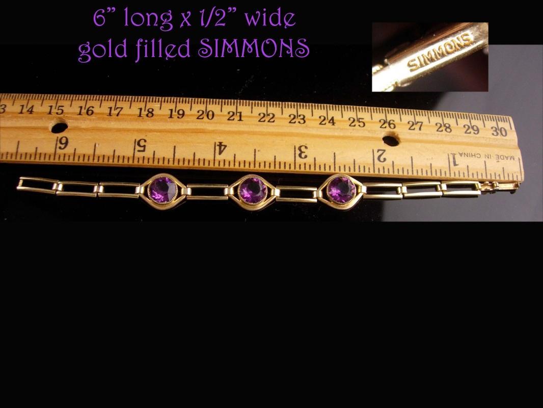 Art Deco Amethyst bracelet - Antique Simmons gold filled link - February Birthday - Purple birthstone - aquarius gift