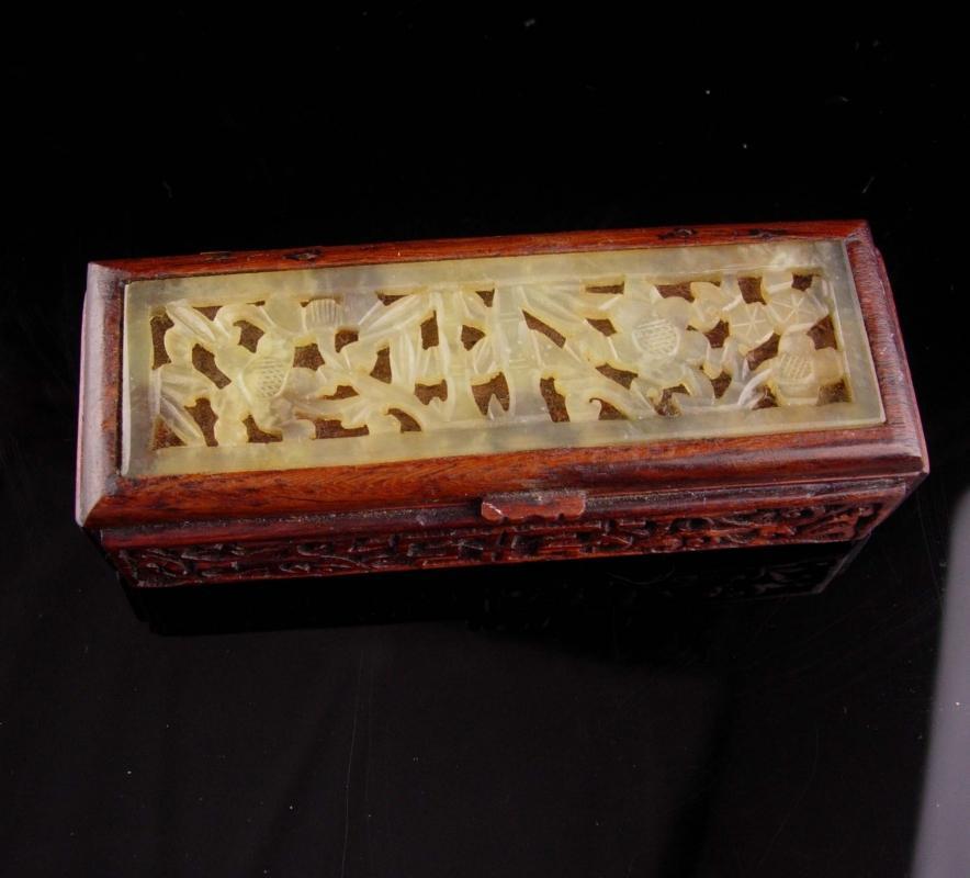 Antique Stamp Box - Rosewood and Jade - asian box - Vintage wood oriental desk accessory - trinket box