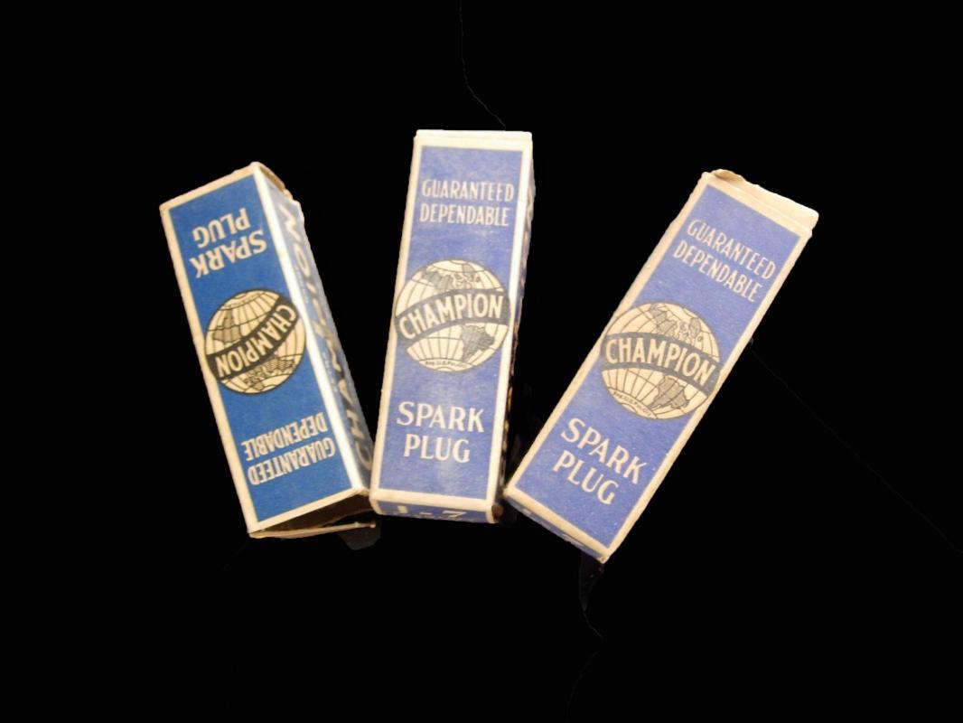 Original box with Vintage CHAMPION J-9 14MM Spark plugs - set of three - original paper work - Mechanic Auto Repair