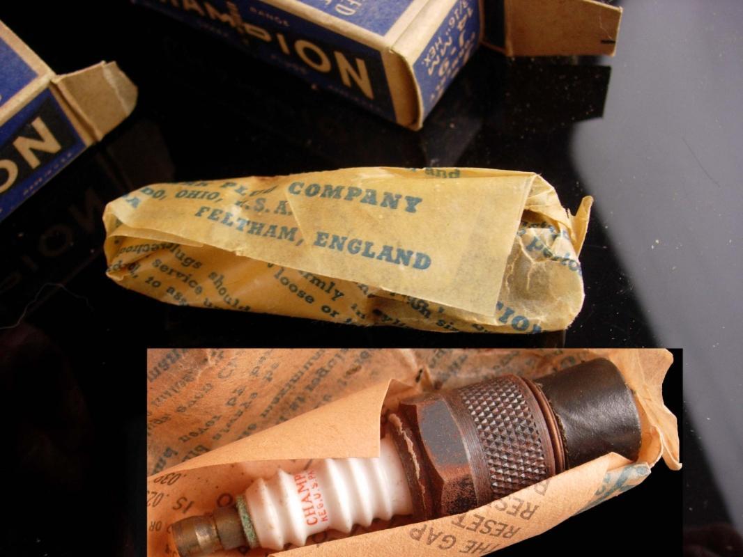 Original box with Vintage CHAMPION J-9 14MM Spark plugs - set of three - original paper work - Mechanic Auto Repair