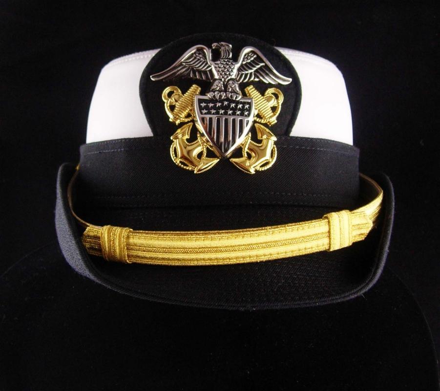 Vintage USN leather hat - US NAVY white Woman Officers Hat - Size 22 Kingform Cap - Military anchor eagle