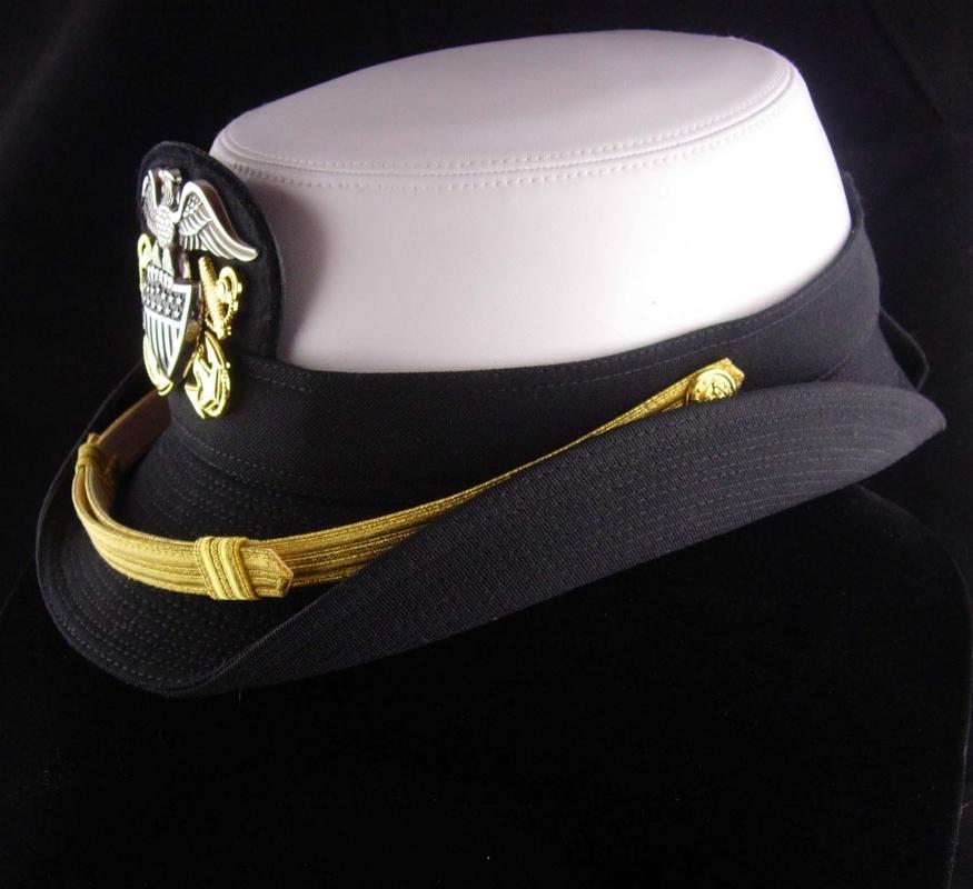 Vintage USN leather hat - US NAVY white Woman Officers Hat - Size 22 Kingform Cap - Military anchor eagle