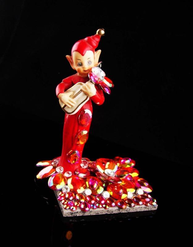Vintage 40's Elf / miniature Gnome figurine / Rhinestone marble base / novelty santa helper / pixie spirit statue / christmas gift