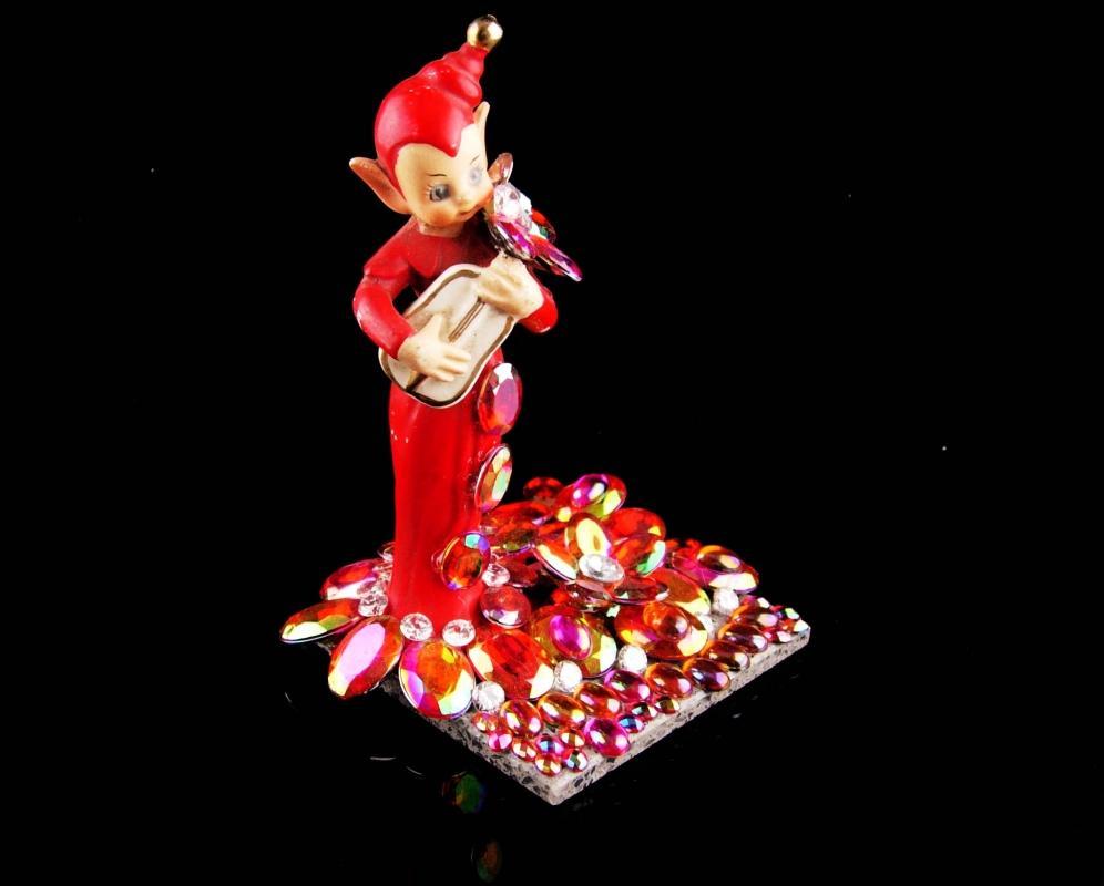 Vintage 40's Elf / miniature Gnome figurine / Rhinestone marble base / novelty santa helper / pixie spirit statue / christmas gift