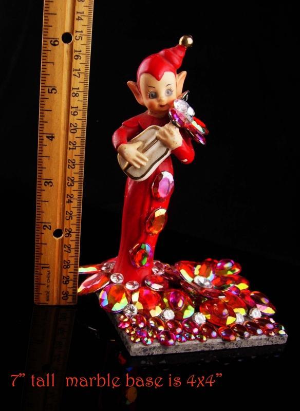Vintage 40's Elf / miniature Gnome figurine / Rhinestone marble base / novelty santa helper / pixie spirit statue / christmas gift