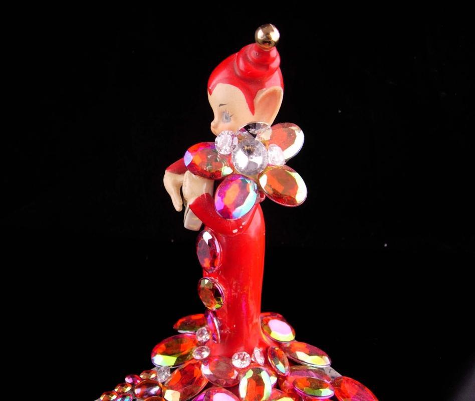 Vintage 40's Elf / miniature Gnome figurine / Rhinestone marble base / novelty santa helper / pixie spirit statue / christmas gift