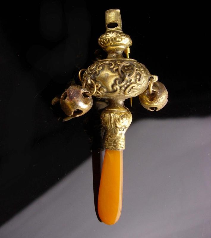 Antique Baby Rattle whistle - Vintage bells and amber teether - converted fur clip - chinese design