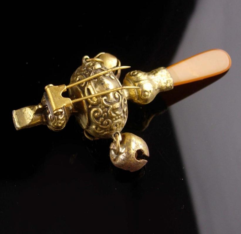 Antique Baby Rattle whistle - Vintage bells and amber teether - converted fur clip - chinese design