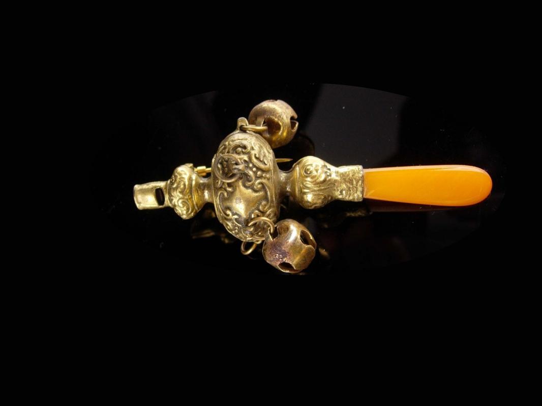 Antique Baby Rattle whistle - Vintage bells and amber teether - converted fur clip - chinese design
