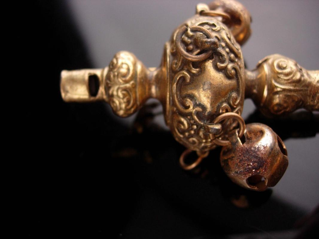Antique Baby Rattle whistle - Vintage bells and amber teether - converted fur clip - chinese design