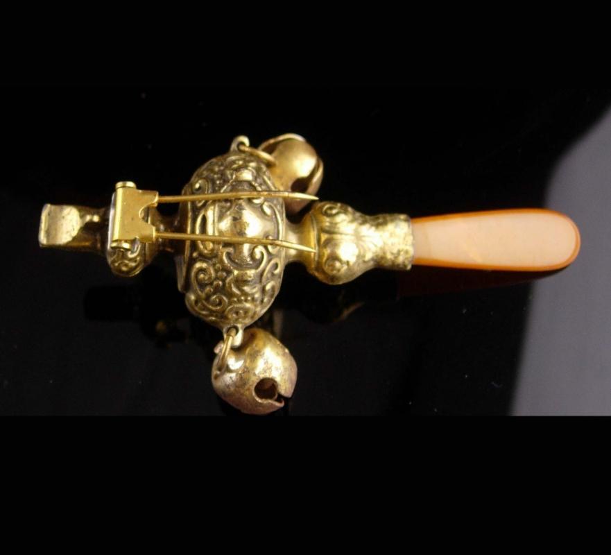 Antique Baby Rattle whistle - Vintage bells and amber teether - converted fur clip - chinese design