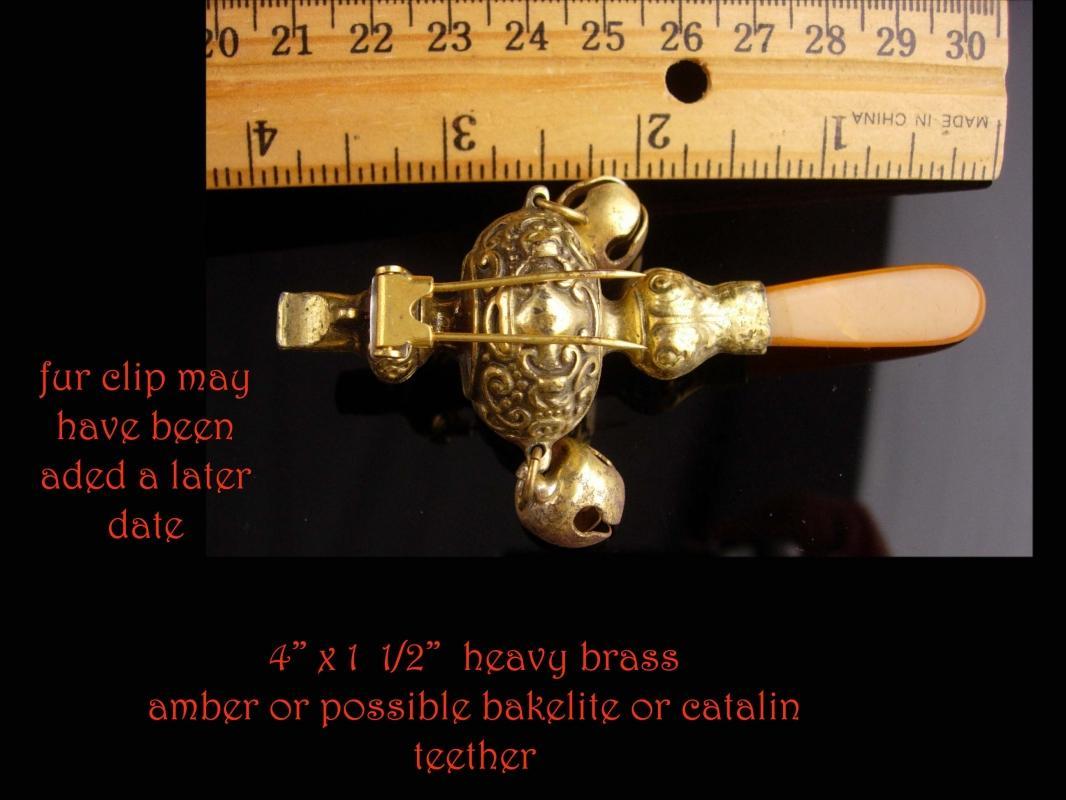 Antique Baby Rattle whistle - Vintage bells and amber teether - converted fur clip - chinese design