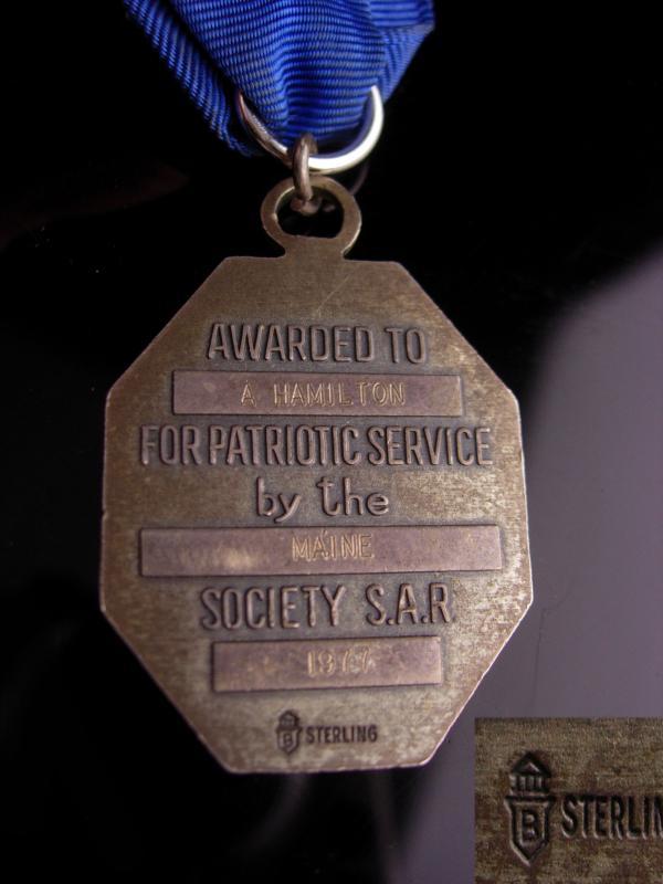 Vintage Sons of the Revolution Sterling Silver Medal - 1977 Maine - Revolutionary A. Hamilton - hallmarked B - military badge