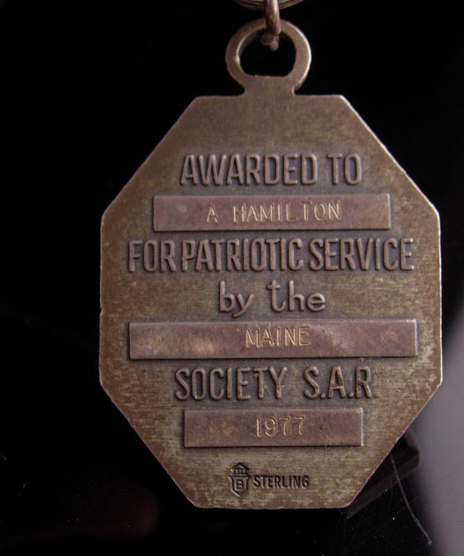Vintage Sons of the Revolution Sterling Silver Medal - 1977 Maine - Revolutionary A. Hamilton - hallmarked B - military badge