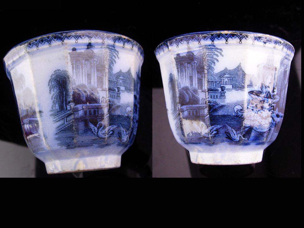 1800s English Staffordshire china - handless tea Cup - Antique flow blue - early Victorian