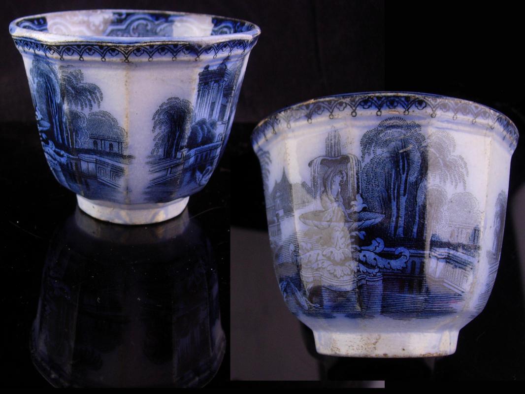1800s English Staffordshire china - handless tea Cup - Antique flow blue - early Victorian