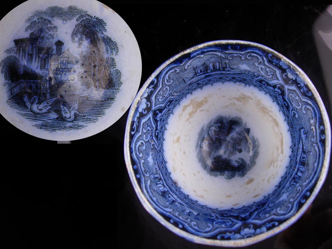 1800s English Staffordshire china - handless tea Cup - Antique flow blue - early Victorian