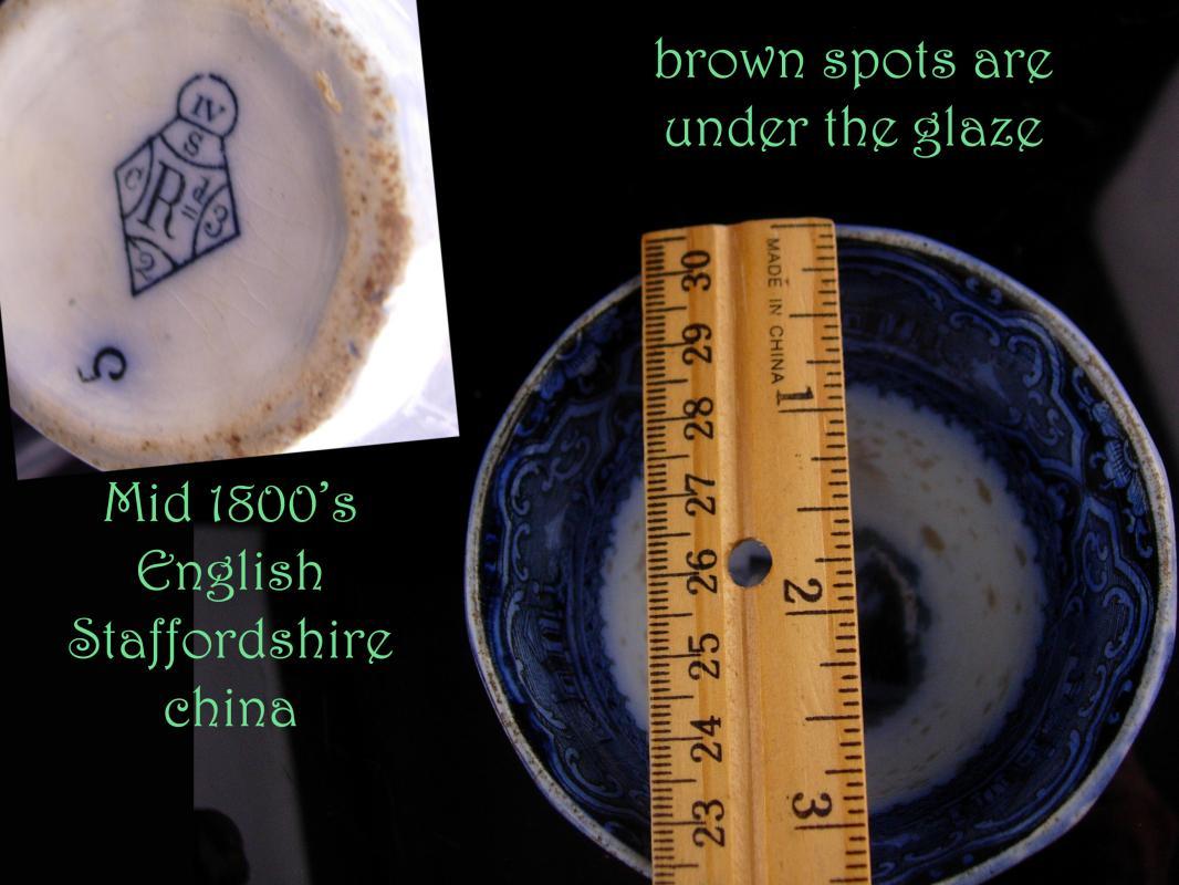 1800s English Staffordshire china - handless tea Cup - Antique flow blue - early Victorian