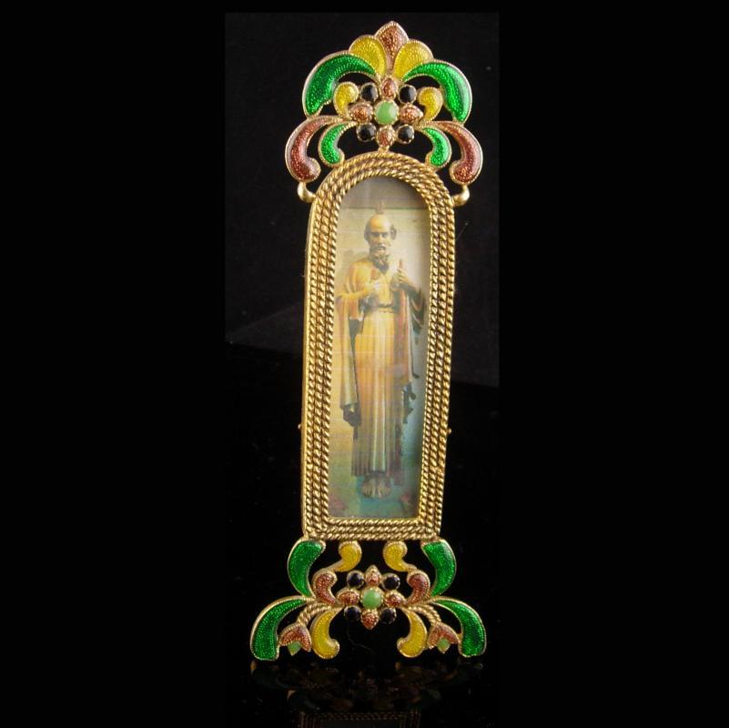 Art Deco Religious framed Art - Miniature free standing brass frame - enamel floral design 7 1/2 x 2 1/2